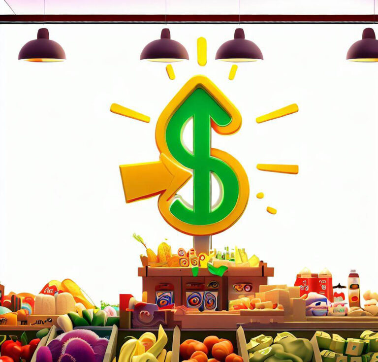 fruit market with dollar sign and arrow pointing up