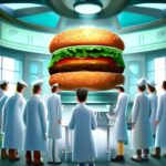 scientists around an hamburger in a lab