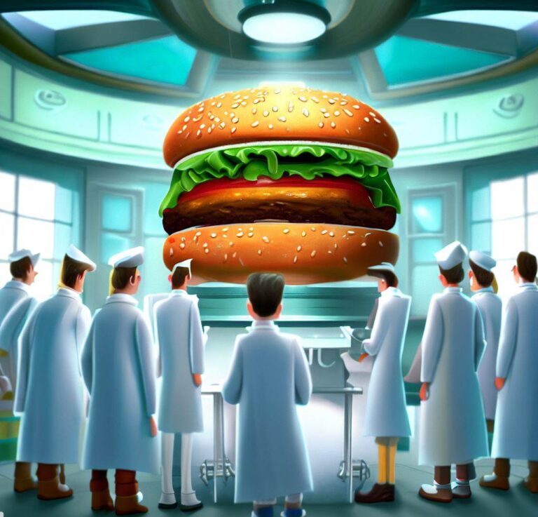 scientists around an hamburger in a lab