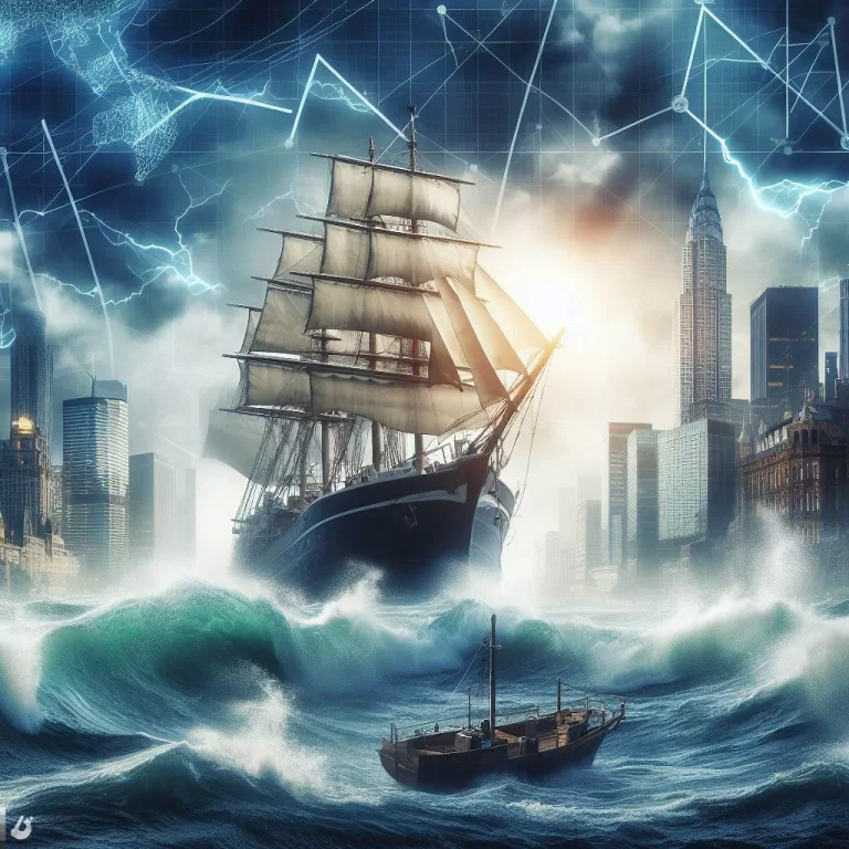 ship navigating stormy waters in a financial tech landscape